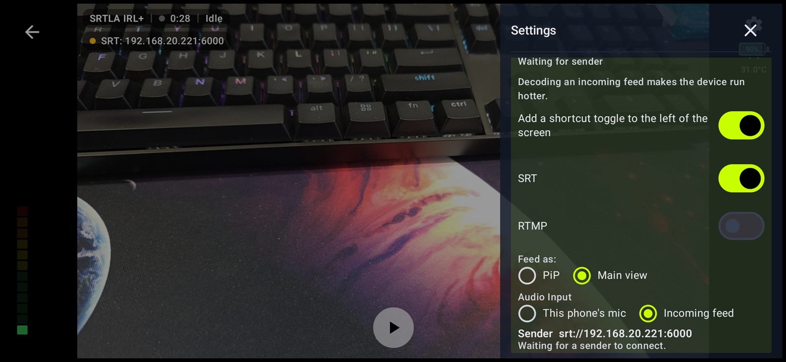 SRT and RTMP inputs receiving a feed from another camera over the local network