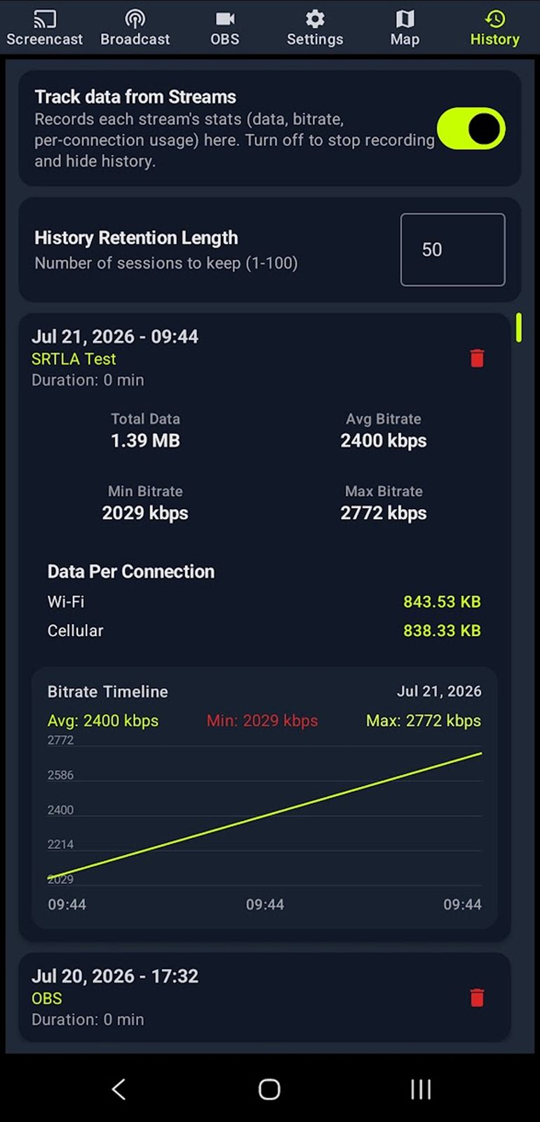 Stream history with per-connection data usage