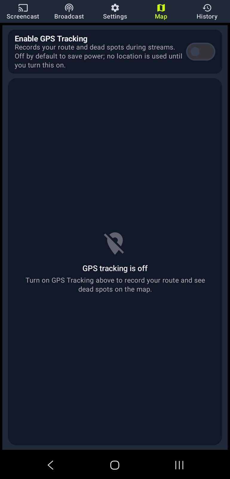 Dead spot map with GPS tracking of your route