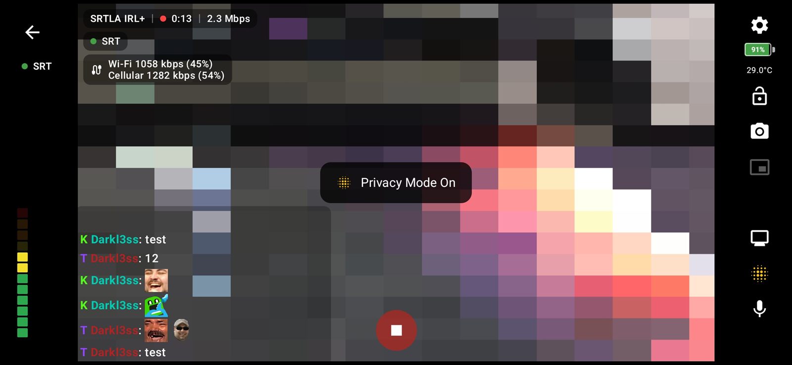 Privacy mode pixelating the camera in the preview and the stream