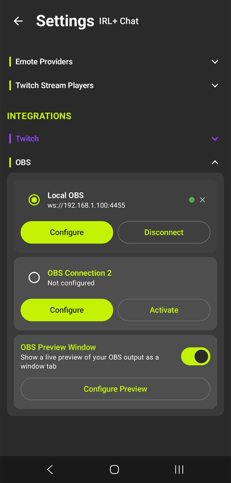 OBS WebSocket controls inside IRL+ Chat