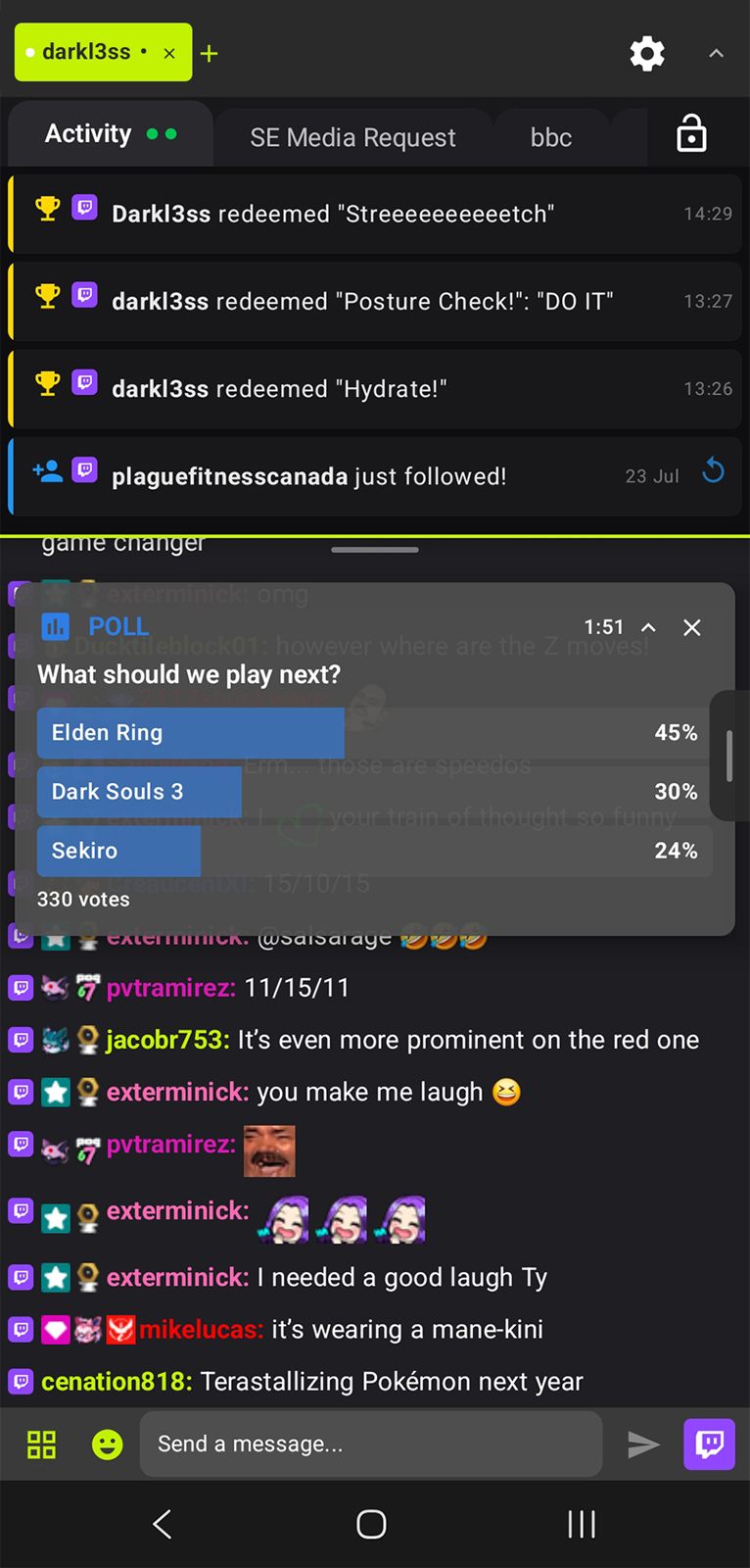 Twitch poll running in IRL+ Chat