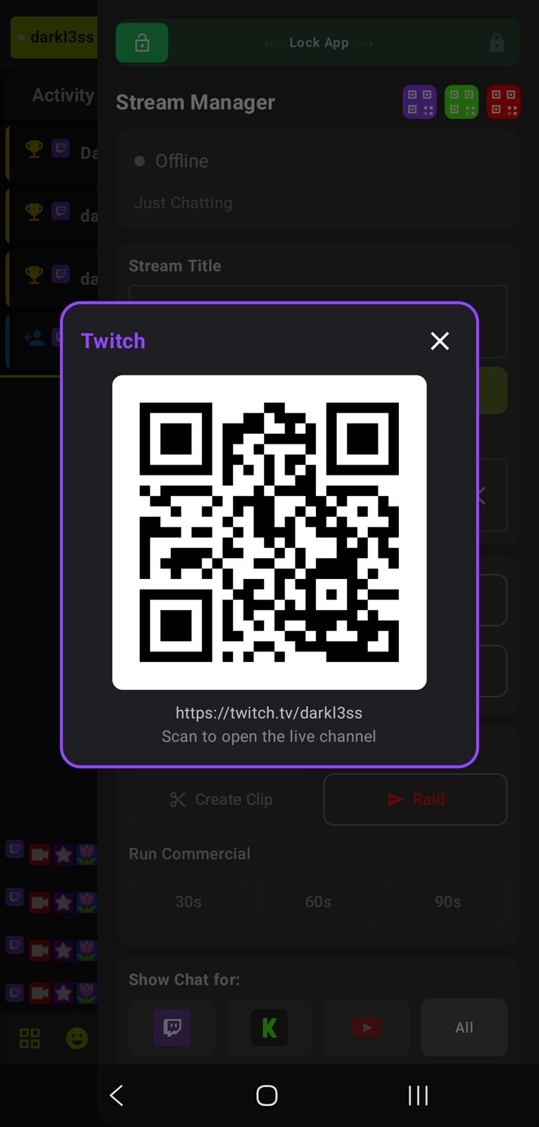 Platform QR code display for connecting accounts