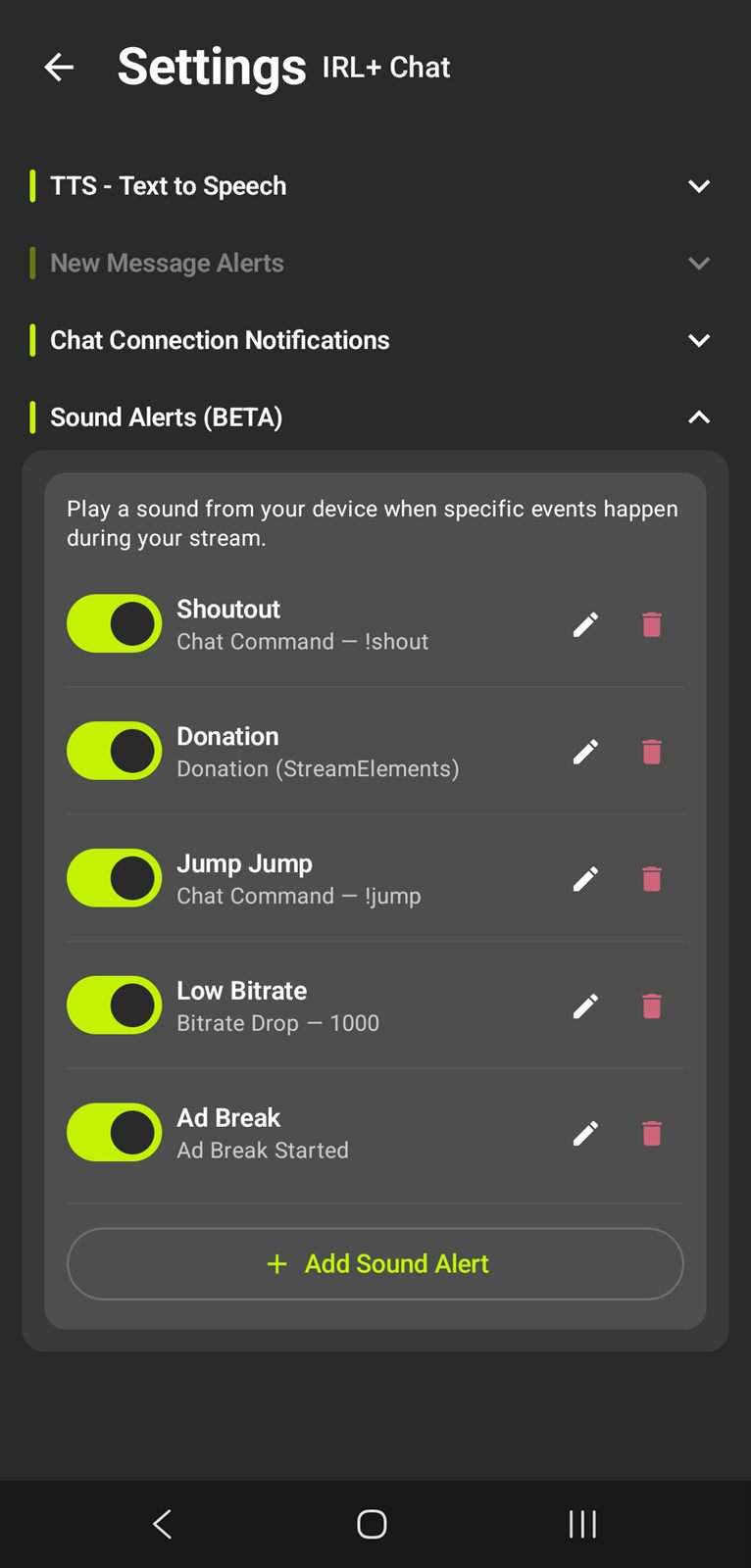 Sound Alerts settings for stream events