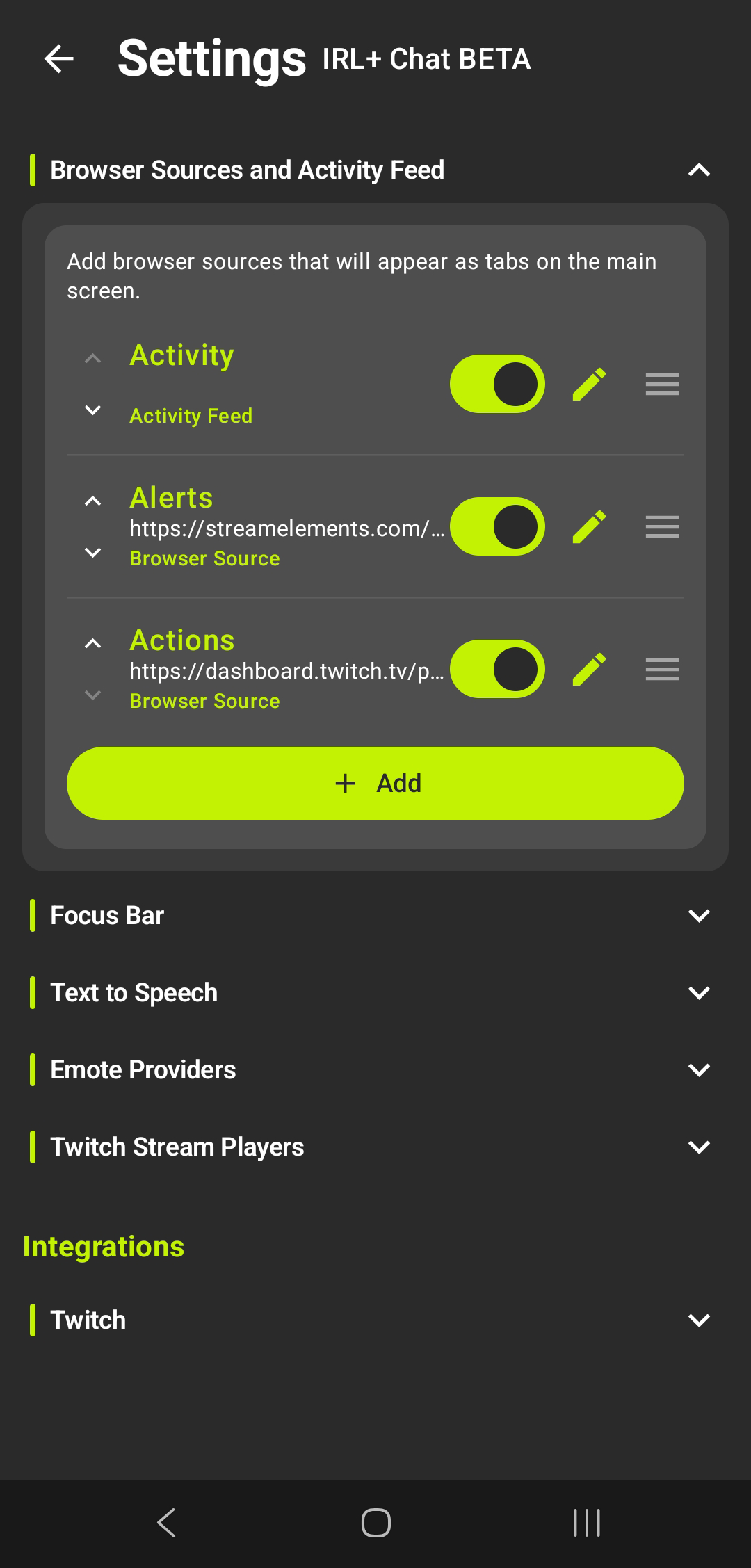 StreamElements integration settings with JWT token and channel ID configuration