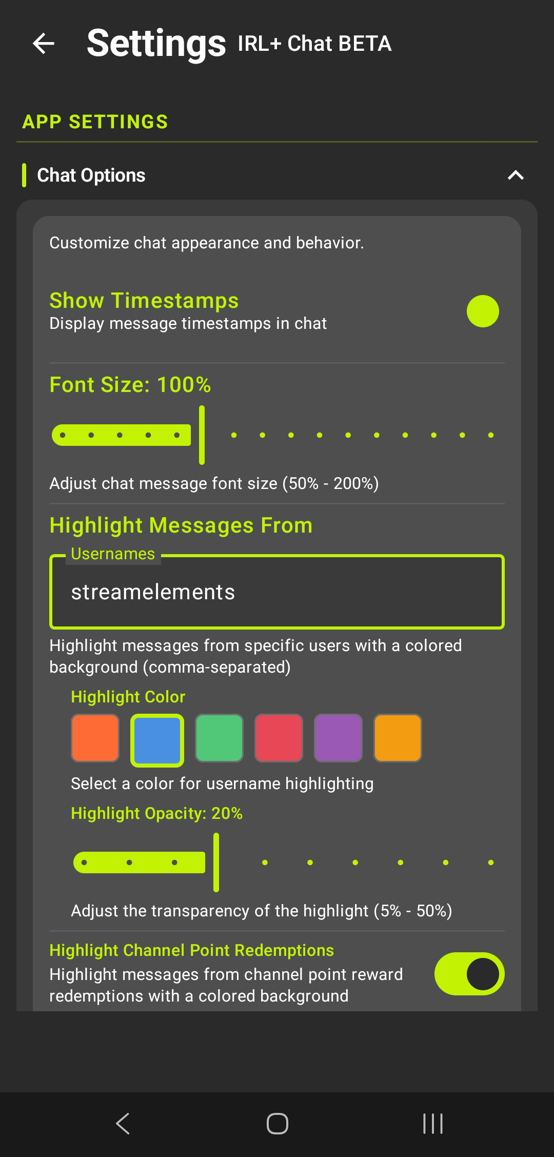 IRL+ Chat options showing timestamps, font size and message highlighting