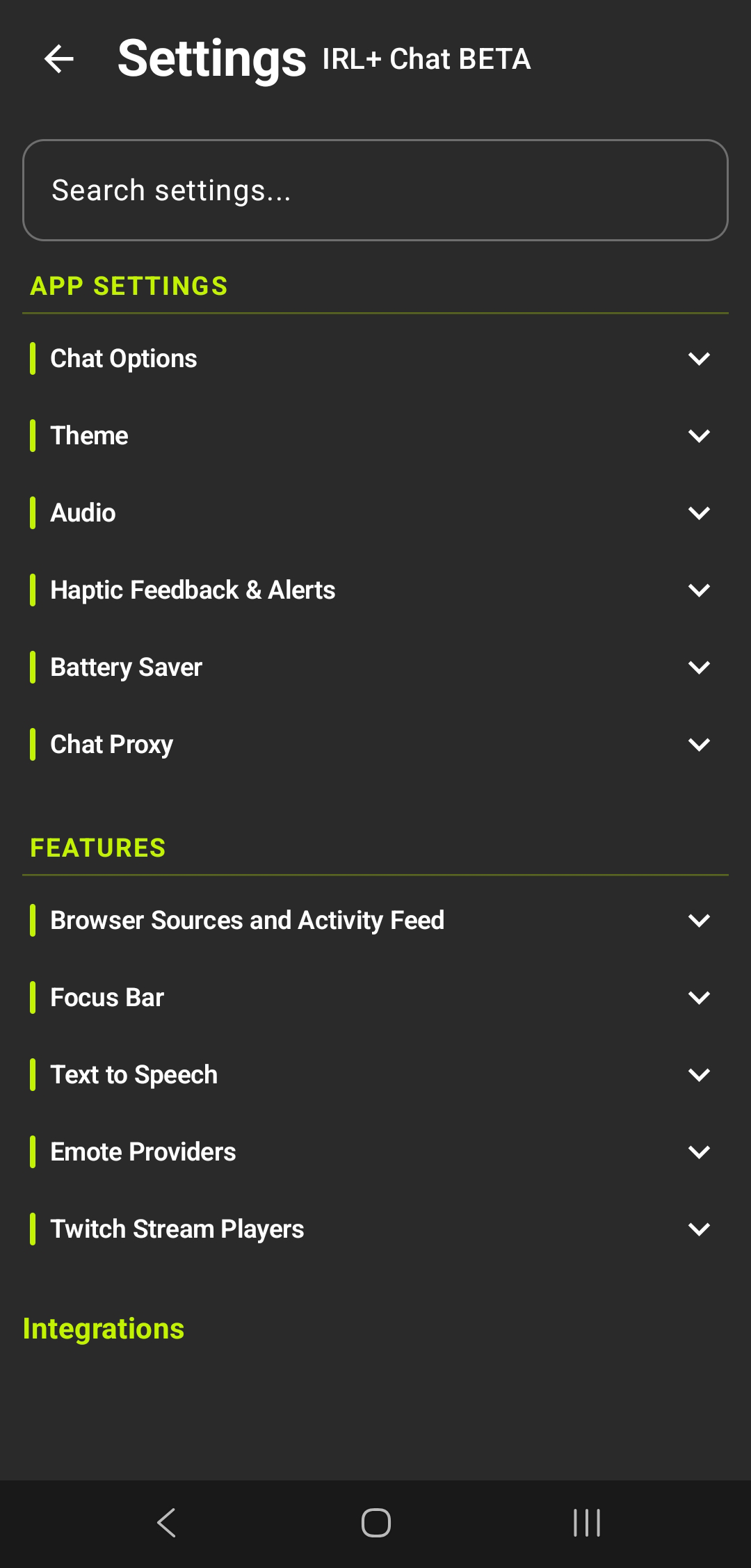IRL+ Settings panel with app settings, features and integrations